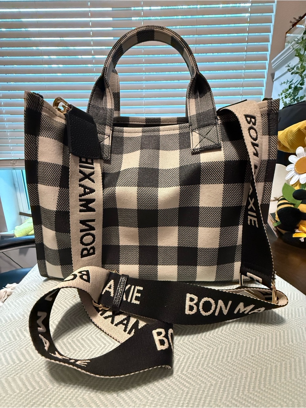 Bon Maxie Medium Black & White Checked waxed Canvas Tote
